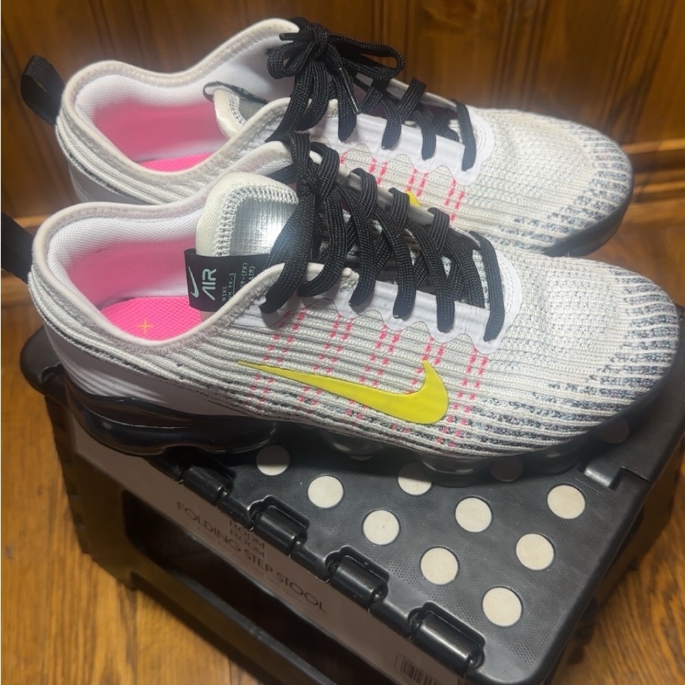 Em’s sneaker closet Nike Air Max White with Yellow and Pink (Grade school size 7